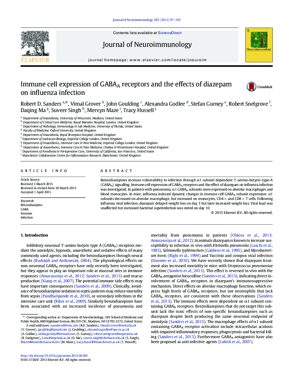 Immune cell expression of GABAA receptors and the effects of diazepam on influenza infection