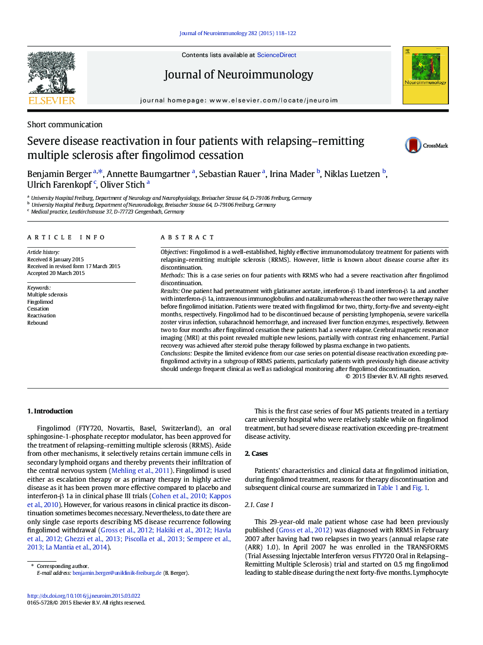 Severe disease reactivation in four patients with relapsing–remitting multiple sclerosis after fingolimod cessation