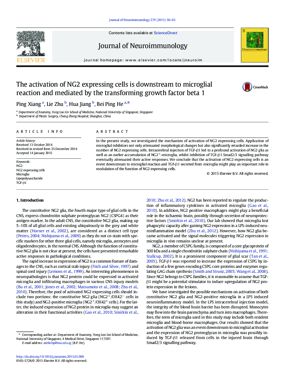 The activation of NG2 expressing cells is downstream to microglial reaction and mediated by the transforming growth factor beta 1