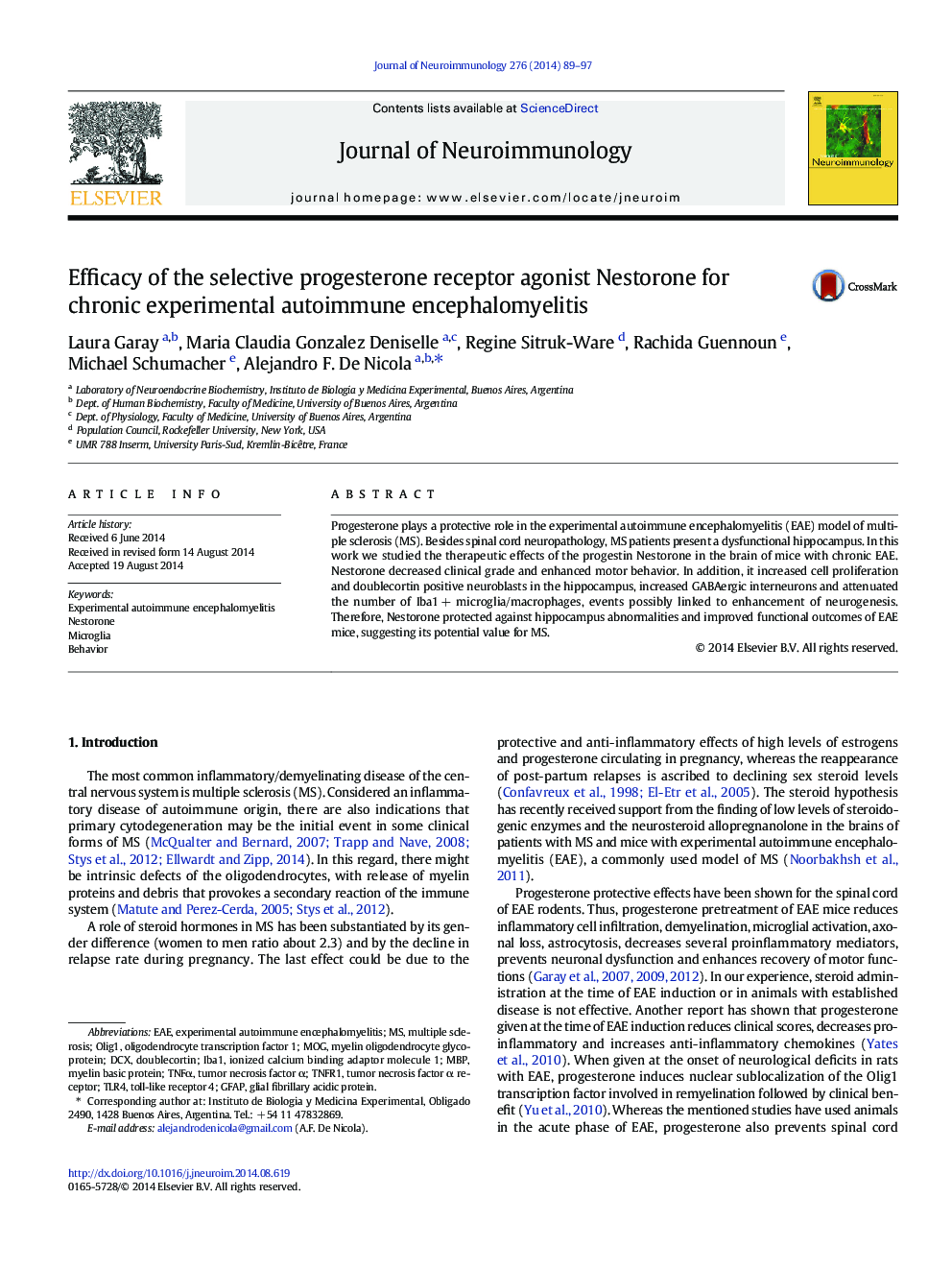 Efficacy of the selective progesterone receptor agonist Nestorone for chronic experimental autoimmune encephalomyelitis
