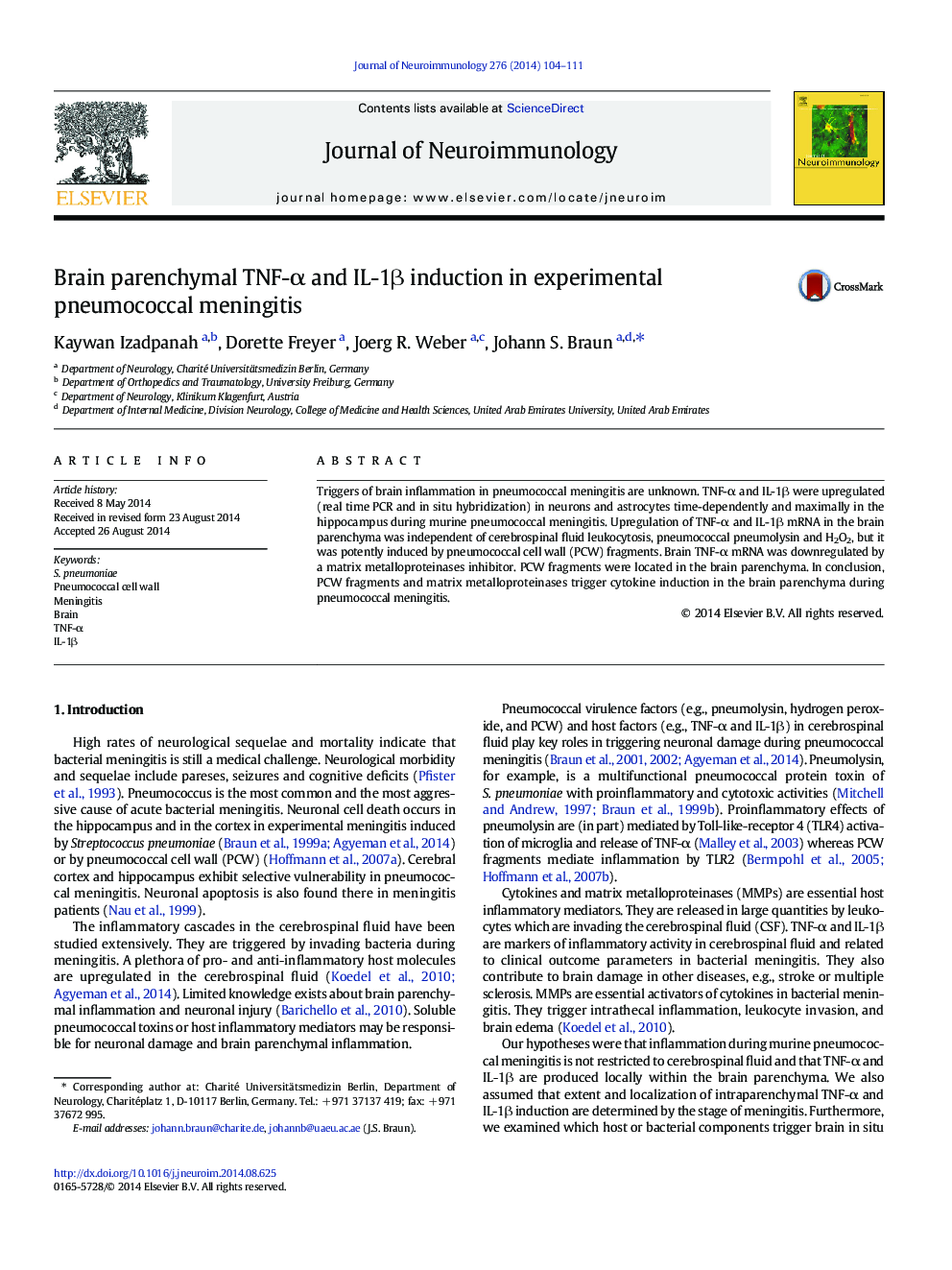 Brain parenchymal TNF-α and IL-1β induction in experimental pneumococcal meningitis