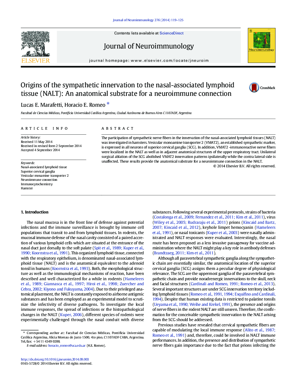 Origins of the sympathetic innervation to the nasal-associated lymphoid tissue (NALT): An anatomical substrate for a neuroimmune connection