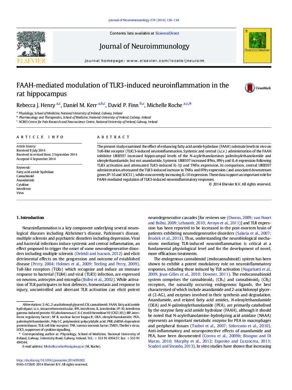 FAAH-mediated modulation of TLR3-induced neuroinflammation in the rat hippocampus