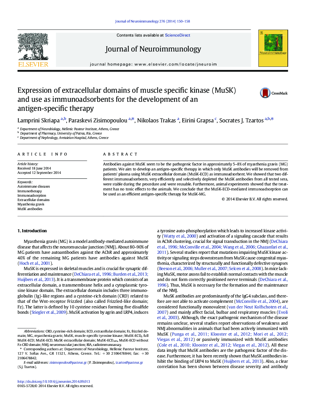 Expression of extracellular domains of muscle specific kinase (MuSK) and use as immunoadsorbents for the development of an antigen-specific therapy