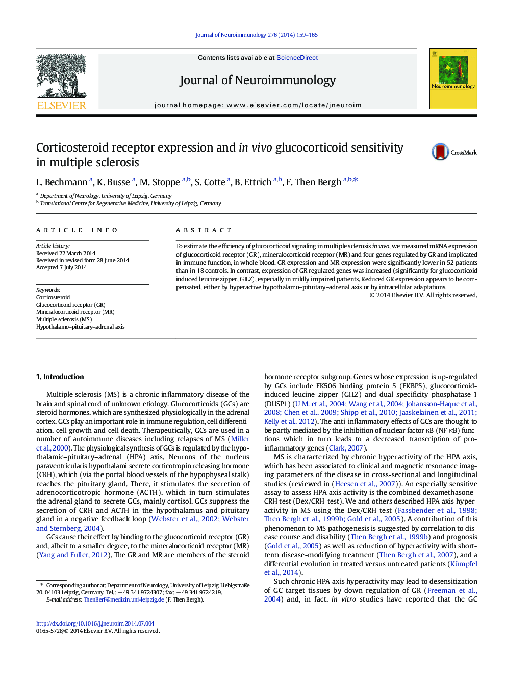 Corticosteroid receptor expression and in vivo glucocorticoid sensitivity in multiple sclerosis