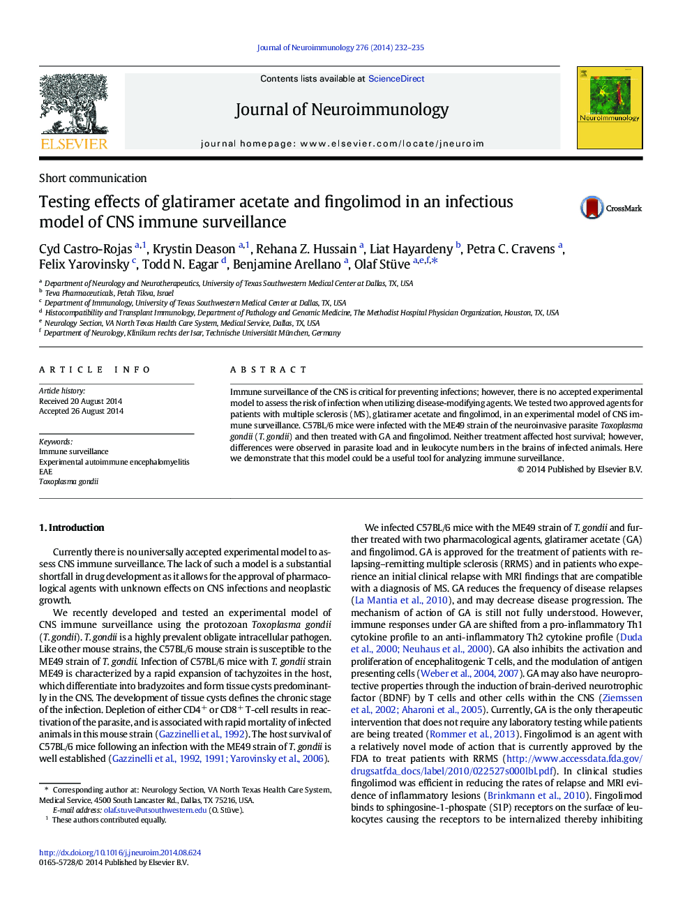 Testing effects of glatiramer acetate and fingolimod in an infectious model of CNS immune surveillance