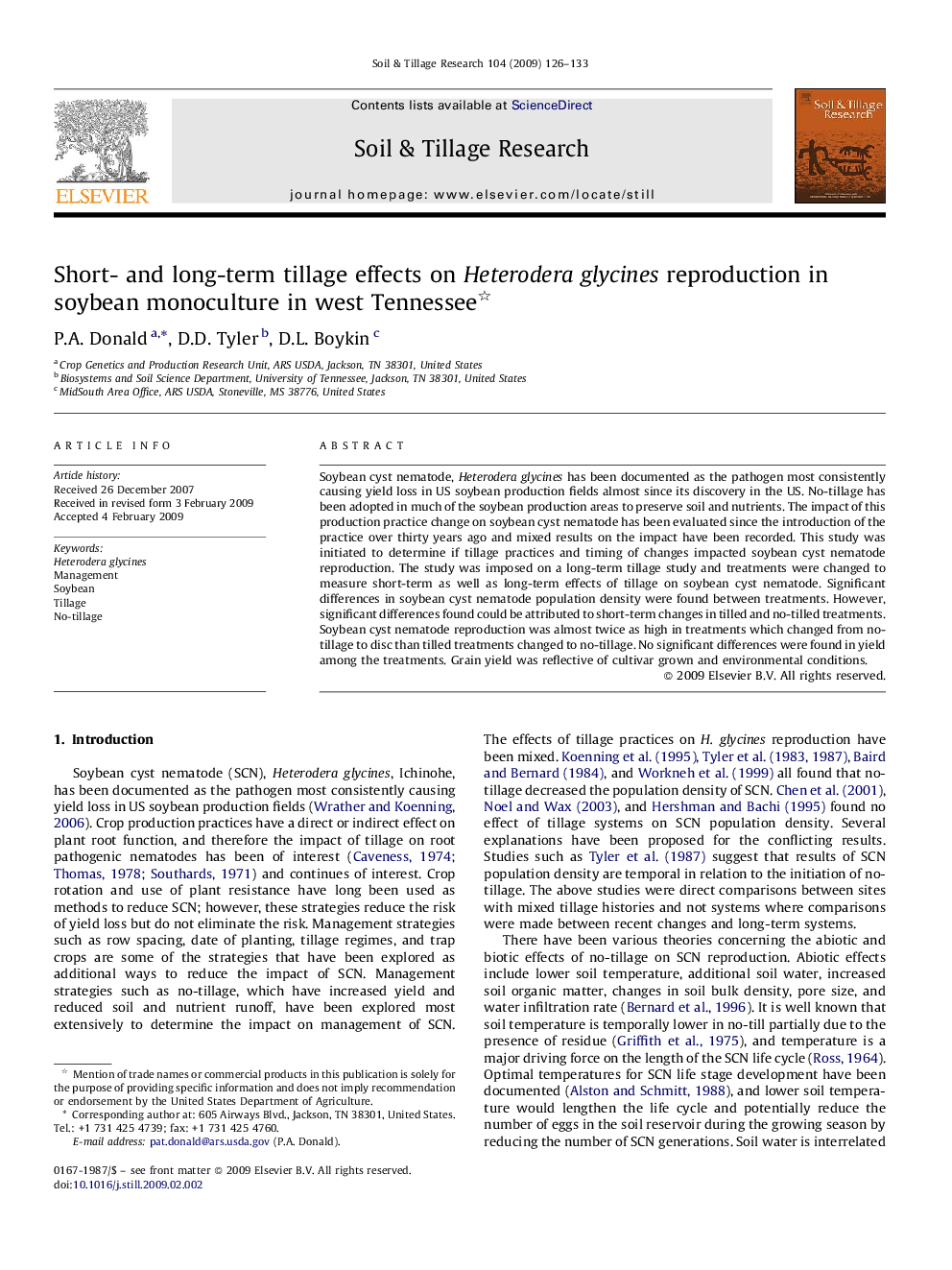 Short- and long-term tillage effects on Heterodera glycines reproduction in soybean monoculture in west Tennessee 