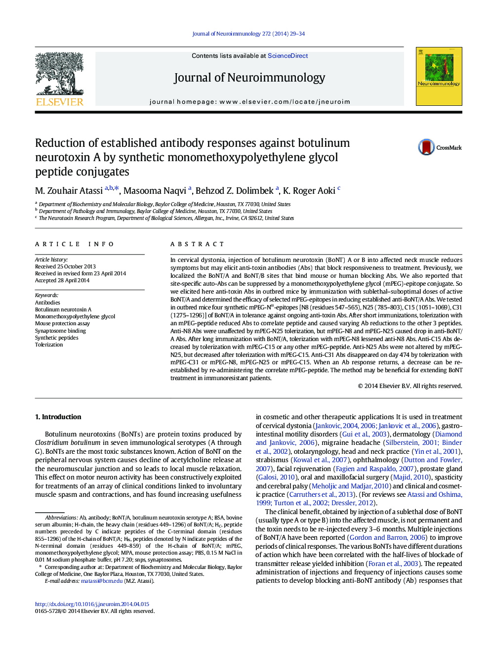 Reduction of established antibody responses against botulinum neurotoxin A by synthetic monomethoxypolyethylene glycol peptide conjugates