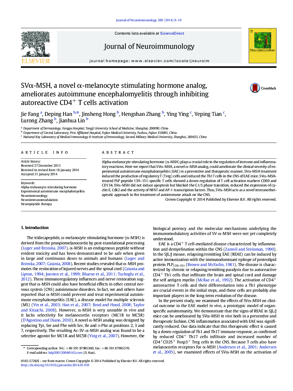 SVα-MSH, a novel α-melanocyte stimulating hormone analog, ameliorates autoimmune encephalomyelitis through inhibiting autoreactive CD4+ T cells activation