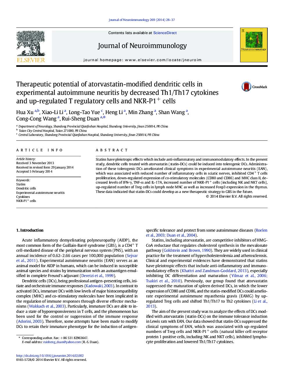 Therapeutic potential of atorvastatin-modified dendritic cells in experimental autoimmune neuritis by decreased Th1/Th17 cytokines and up-regulated T regulatory cells and NKR-P1+ cells