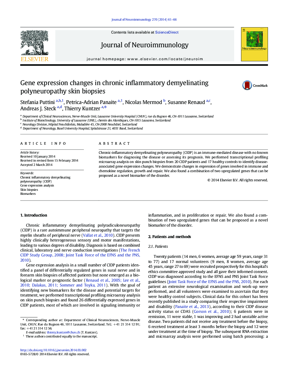 Gene expression changes in chronic inflammatory demyelinating polyneuropathy skin biopsies