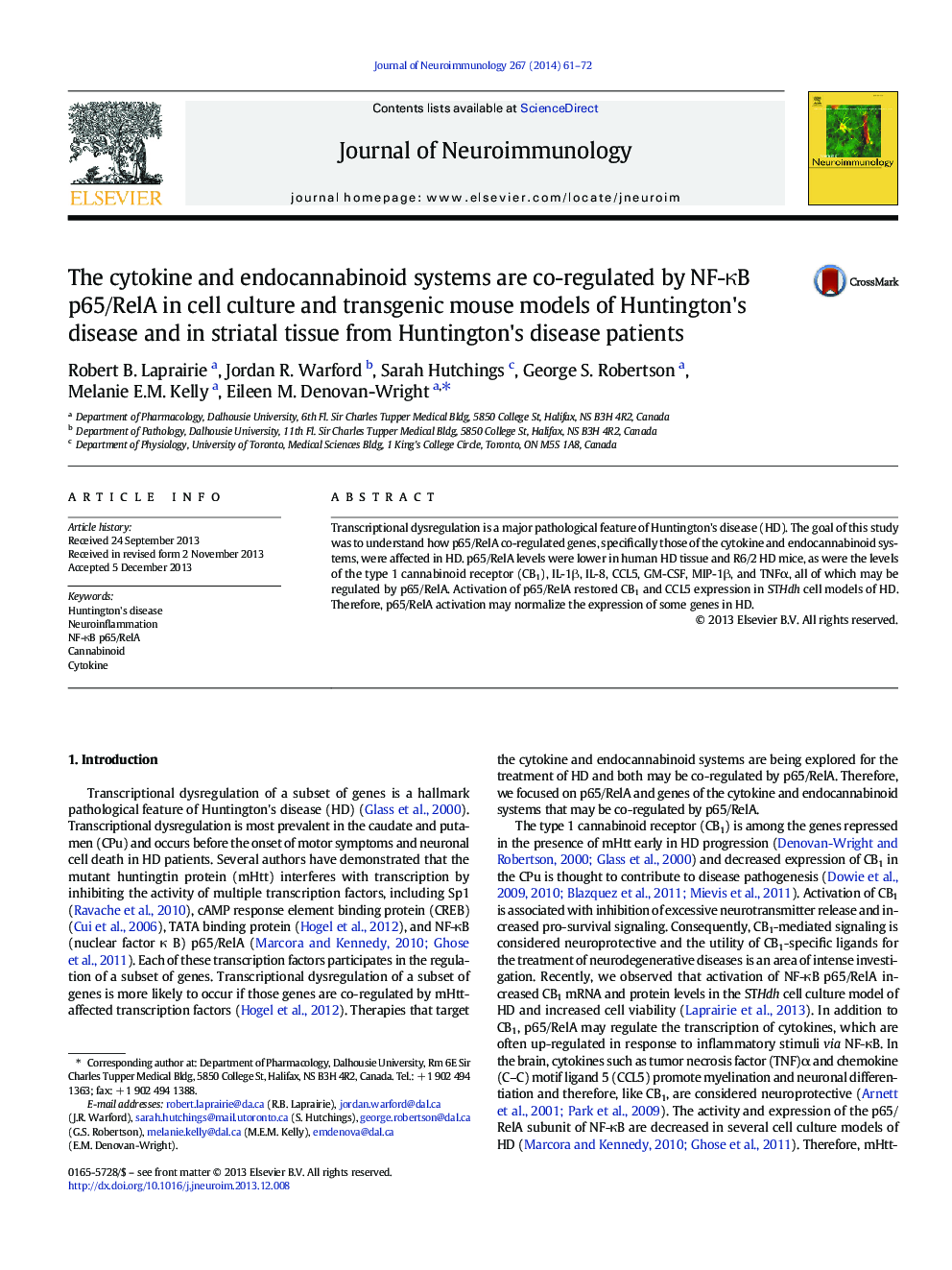 The cytokine and endocannabinoid systems are co-regulated by NF-κB p65/RelA in cell culture and transgenic mouse models of Huntington's disease and in striatal tissue from Huntington's disease patients