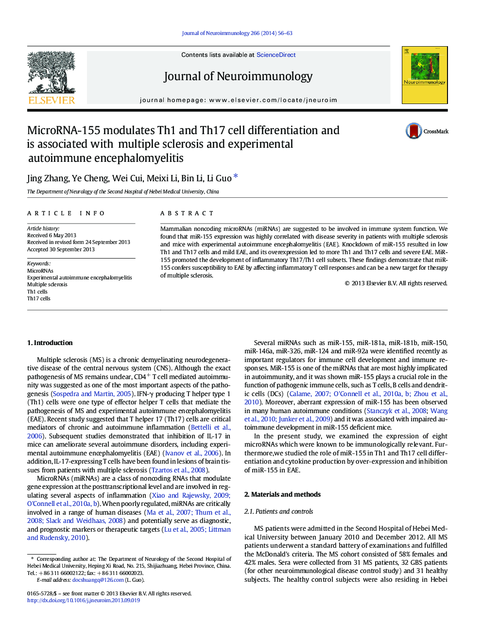 MicroRNA-155 modulates Th1 and Th17 cell differentiation and is associated with multiple sclerosis and experimental autoimmune encephalomyelitis