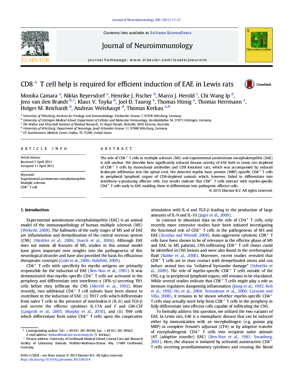 CD8+ T cell help is required for efficient induction of EAE in Lewis rats