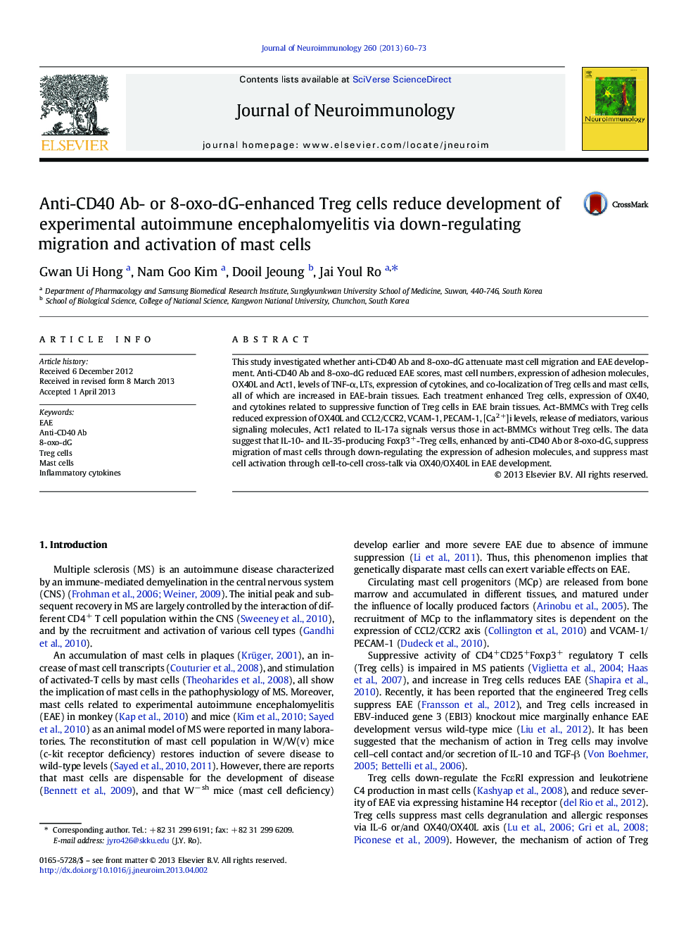 Anti-CD40 Ab- or 8-oxo-dG-enhanced Treg cells reduce development of experimental autoimmune encephalomyelitis via down-regulating migration and activation of mast cells