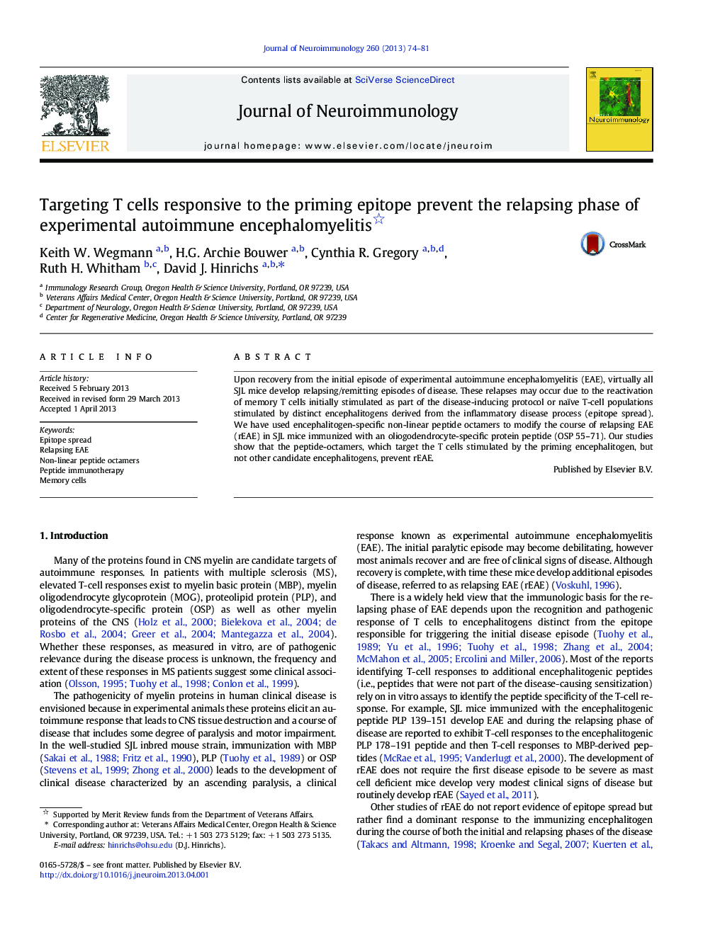 Targeting T cells responsive to the priming epitope prevent the relapsing phase of experimental autoimmune encephalomyelitis 