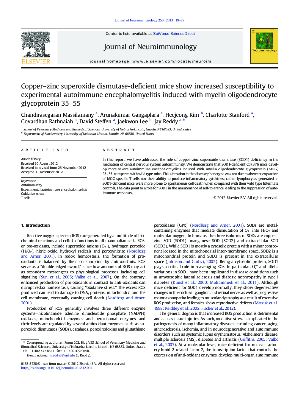 Copper–zinc superoxide dismutase-deficient mice show increased susceptibility to experimental autoimmune encephalomyelitis induced with myelin oligodendrocyte glycoprotein 35–55