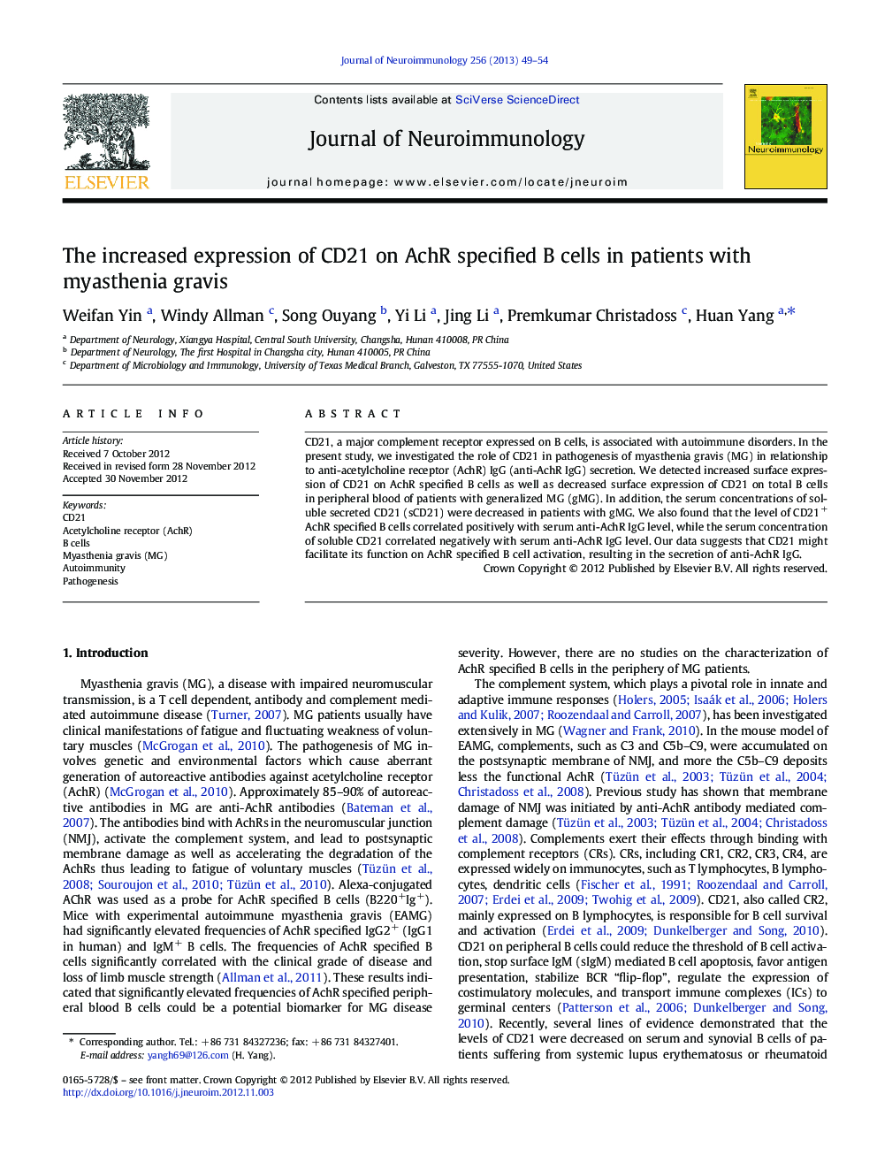 The increased expression of CD21 on AchR specified B cells in patients with myasthenia gravis