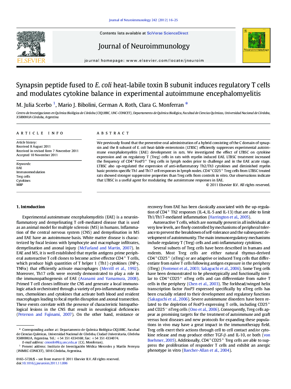 Synapsin peptide fused to E. coli heat-labile toxin B subunit induces regulatory T cells and modulates cytokine balance in experimental autoimmune encephalomyelitis