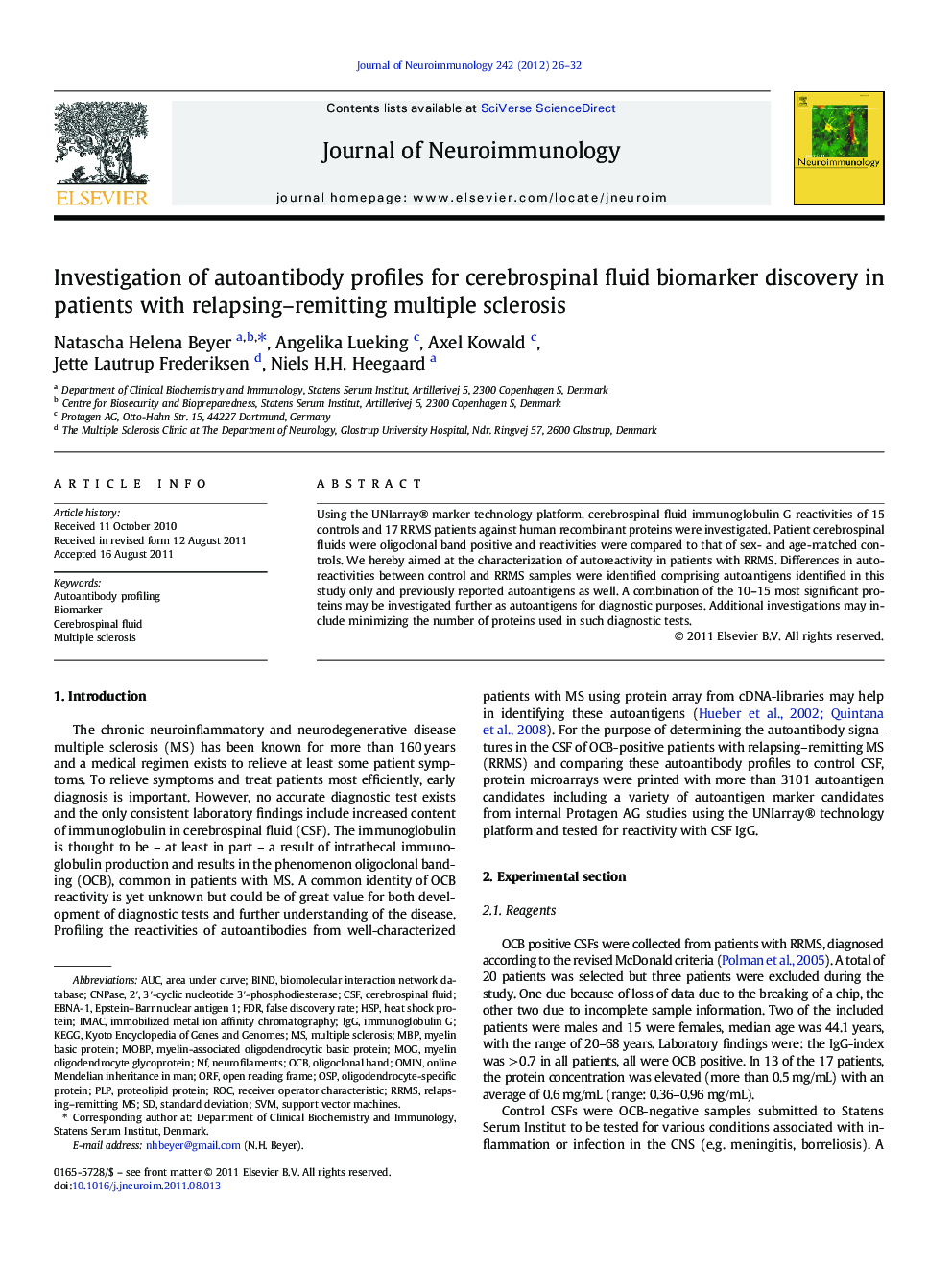 Investigation of autoantibody profiles for cerebrospinal fluid biomarker discovery in patients with relapsing-remitting multiple sclerosis