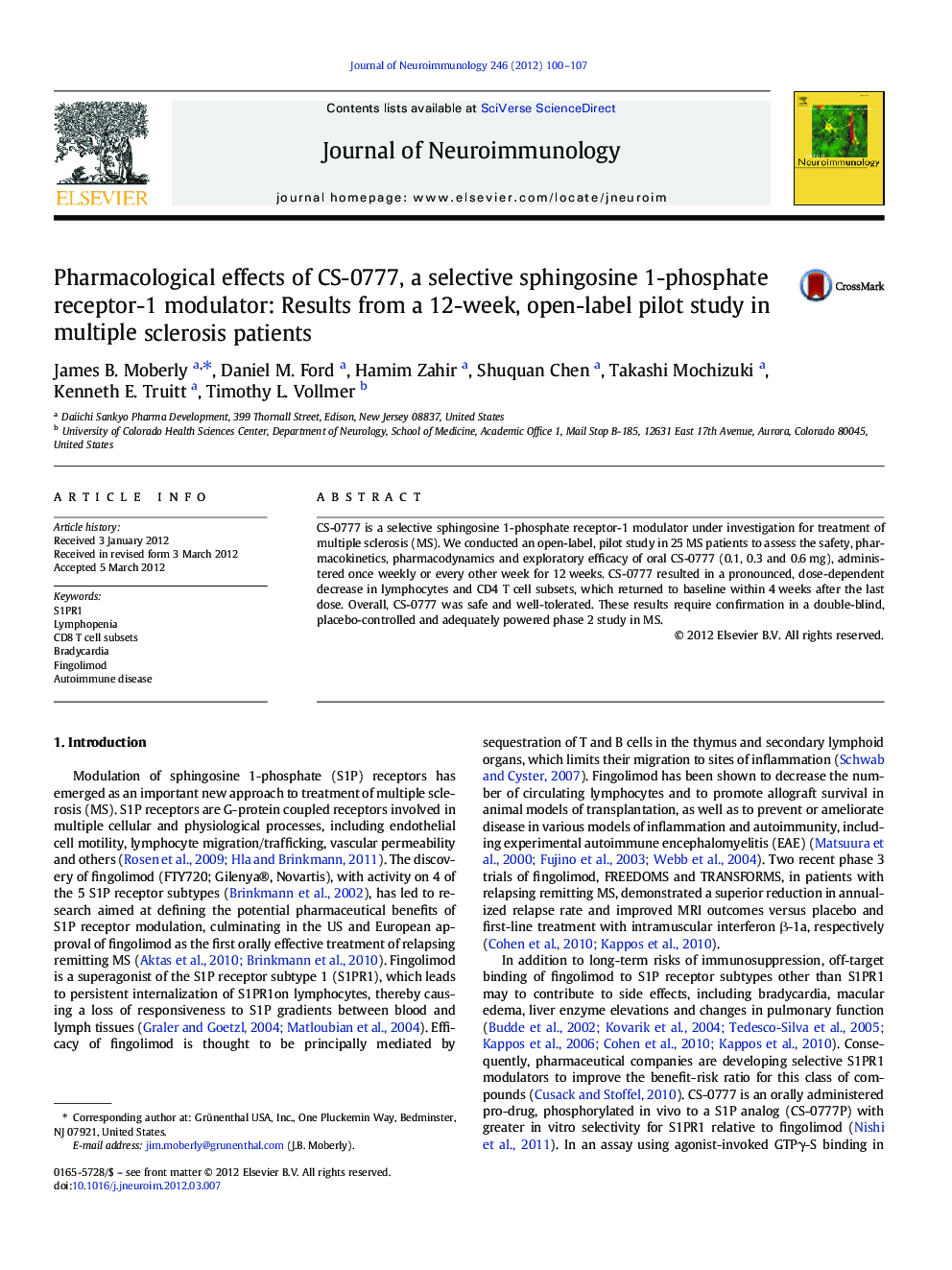 Pharmacological effects of CS-0777, a selective sphingosine 1-phosphate receptor-1 modulator: Results from a 12-week, open-label pilot study in multiple sclerosis patients