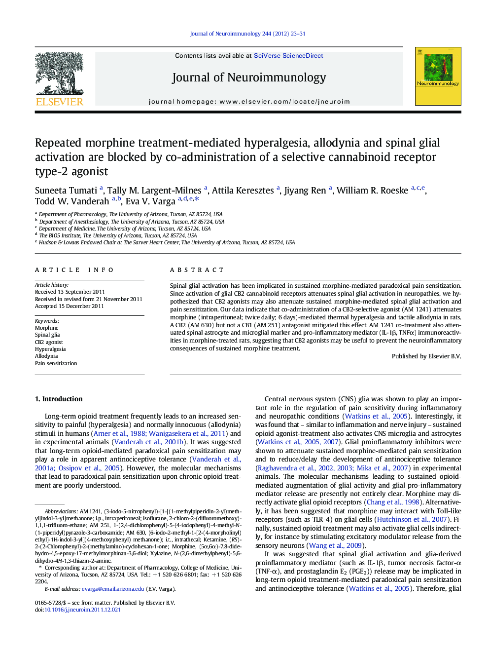 Repeated morphine treatment-mediated hyperalgesia, allodynia and spinal glial activation are blocked by co-administration of a selective cannabinoid receptor type-2 agonist