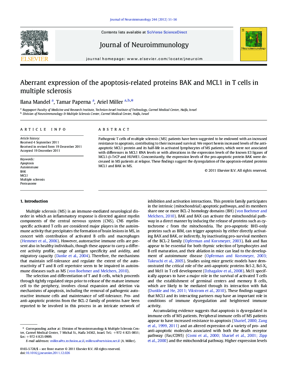 Aberrant expression of the apoptosis-related proteins BAK and MCL1 in T cells in multiple sclerosis