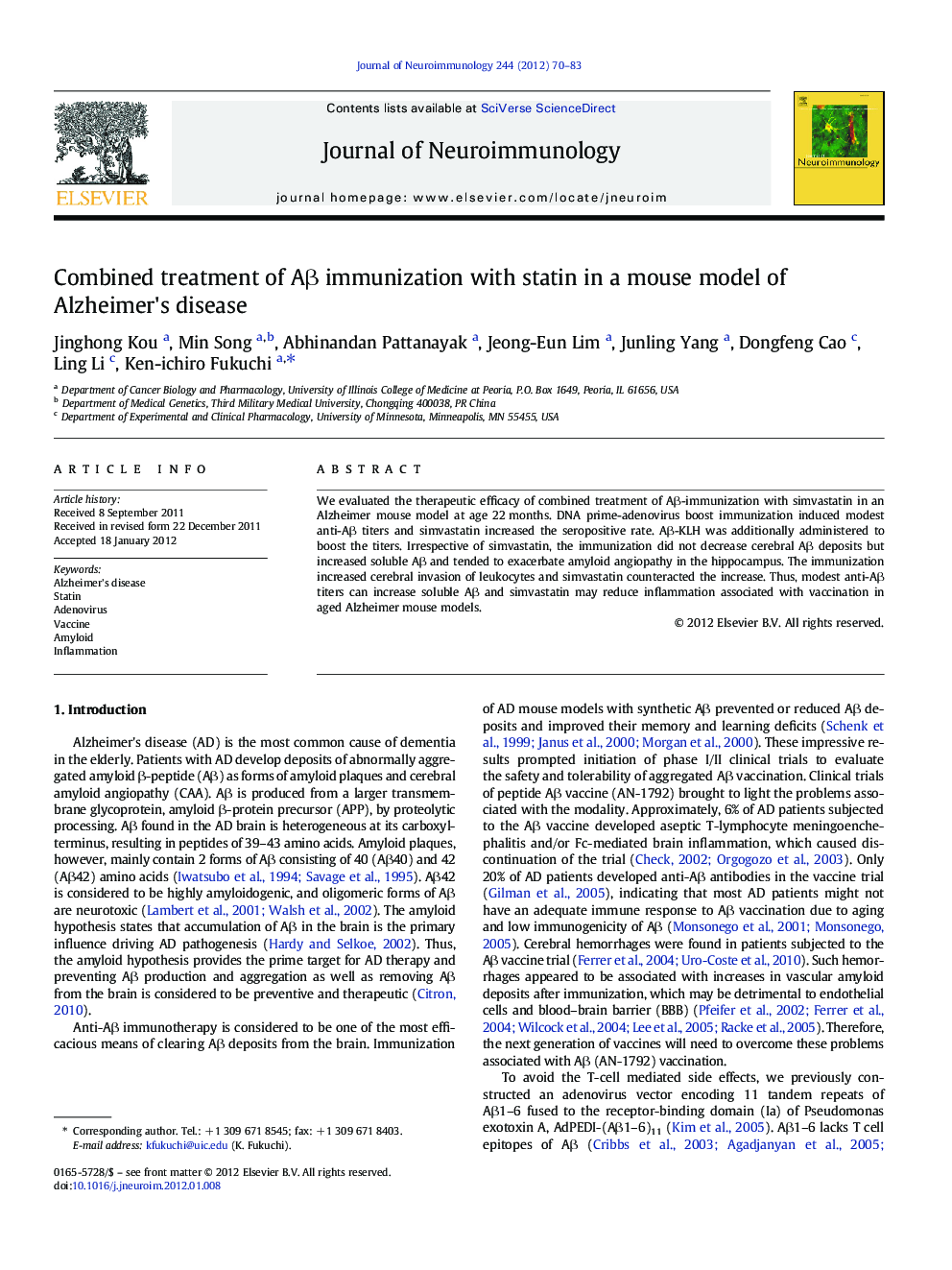 Combined treatment of Aβ immunization with statin in a mouse model of Alzheimer's disease