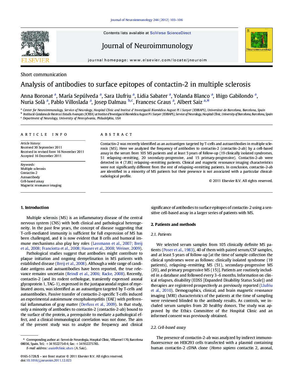 Analysis of antibodies to surface epitopes of contactin-2 in multiple sclerosis