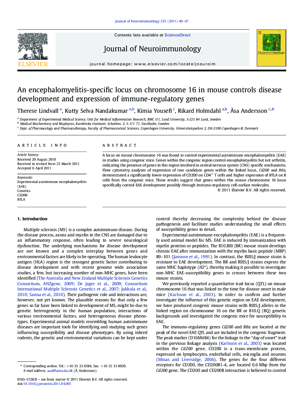 An encephalomyelitis-specific locus on chromosome 16 in mouse controls disease development and expression of immune-regulatory genes