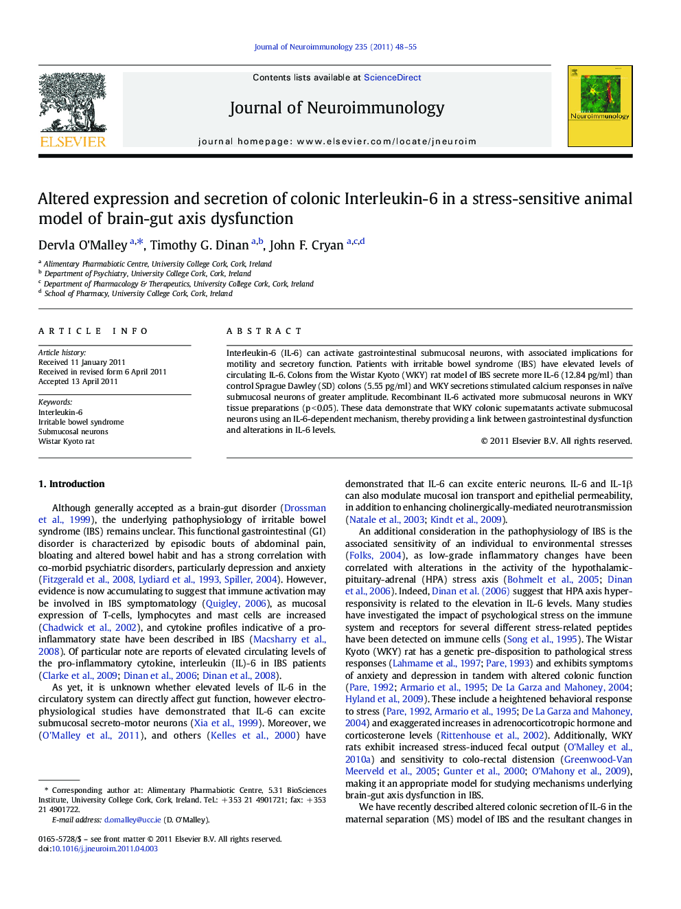 Altered expression and secretion of colonic Interleukin-6 in a stress-sensitive animal model of brain-gut axis dysfunction