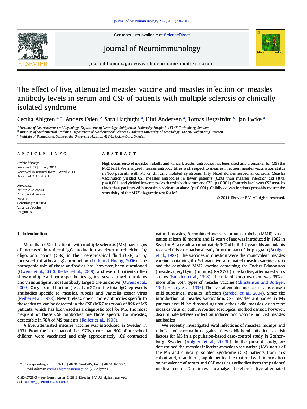 The effect of live, attenuated measles vaccine and measles infection on measles antibody levels in serum and CSF of patients with multiple sclerosis or clinically isolated syndrome