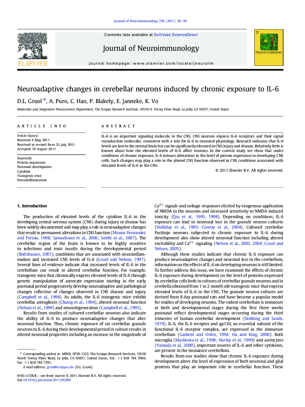 Neuroadaptive changes in cerebellar neurons induced by chronic exposure to IL-6