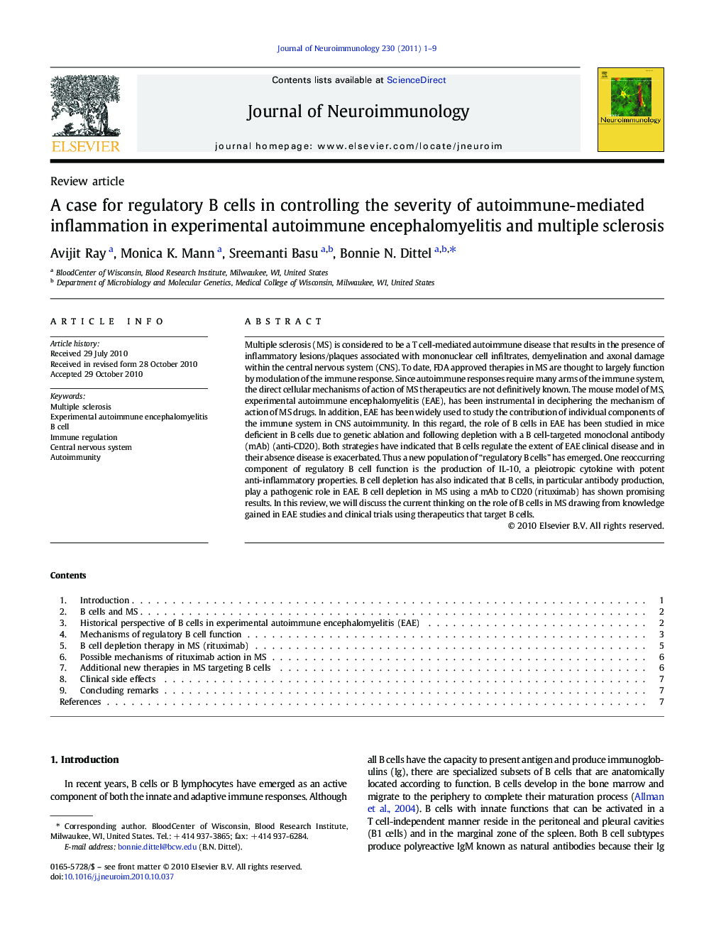 A case for regulatory B cells in controlling the severity of autoimmune-mediated inflammation in experimental autoimmune encephalomyelitis and multiple sclerosis