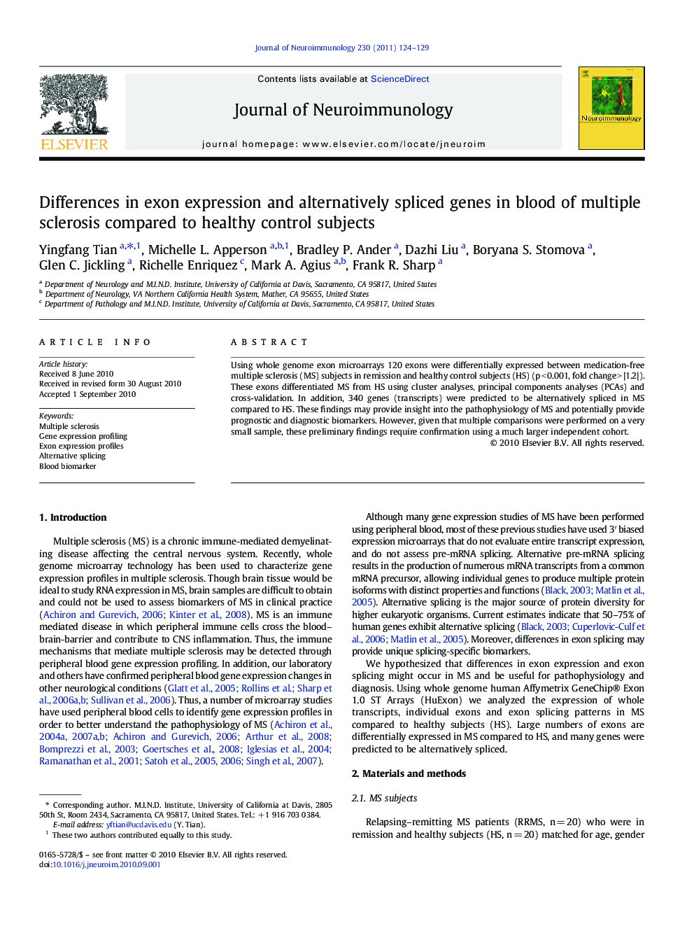 Differences in exon expression and alternatively spliced genes in blood of multiple sclerosis compared to healthy control subjects