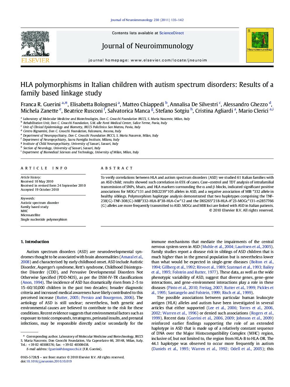 HLA polymorphisms in Italian children with autism spectrum disorders: Results of a family based linkage study