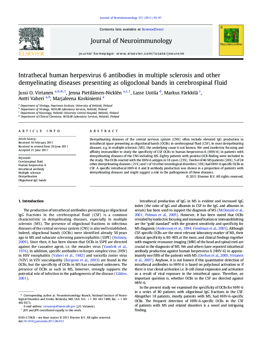 Intrathecal human herpesvirus 6 antibodies in multiple sclerosis and other demyelinating diseases presenting as oligoclonal bands in cerebrospinal fluid