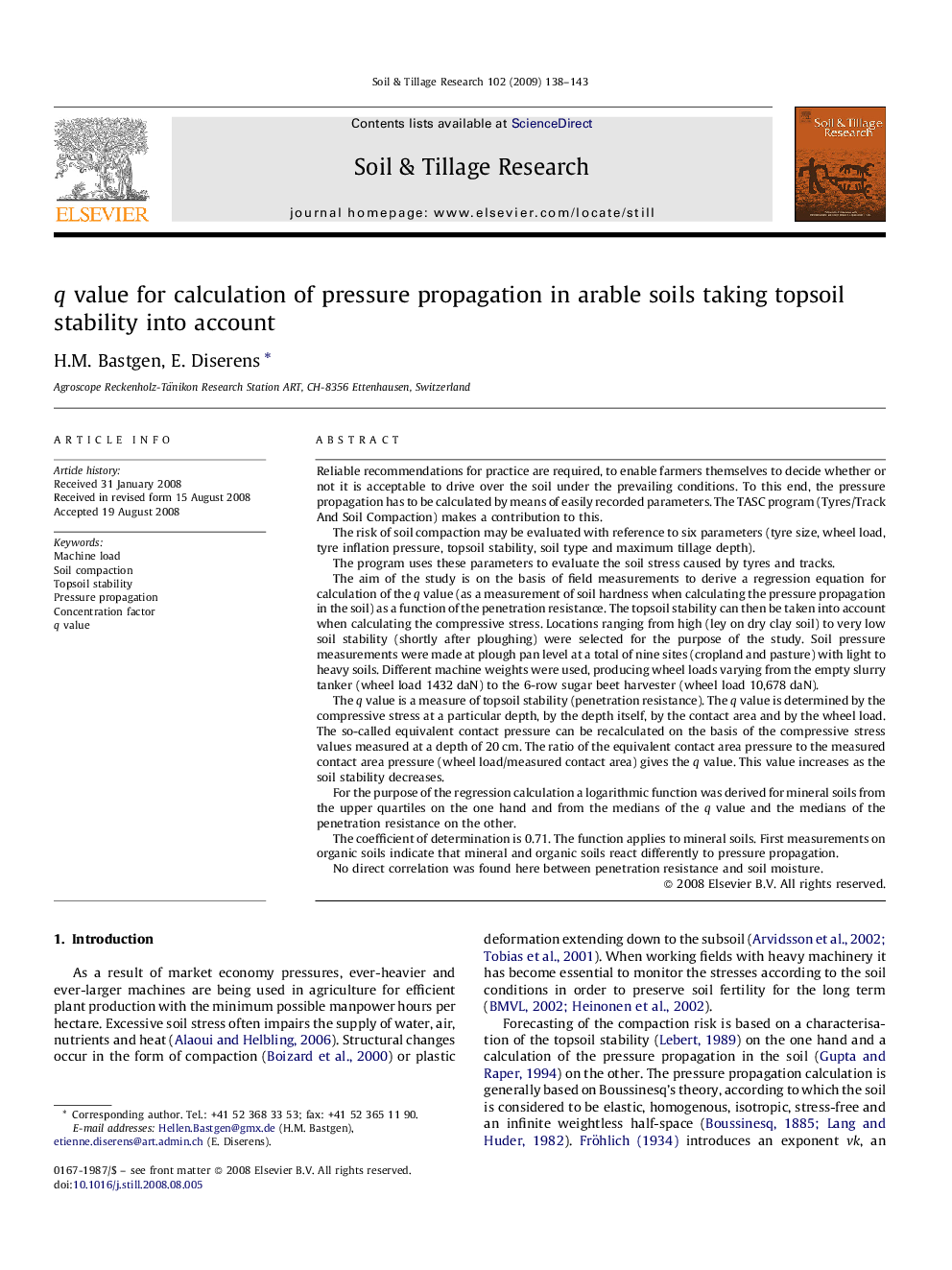 q value for calculation of pressure propagation in arable soils taking topsoil stability into account