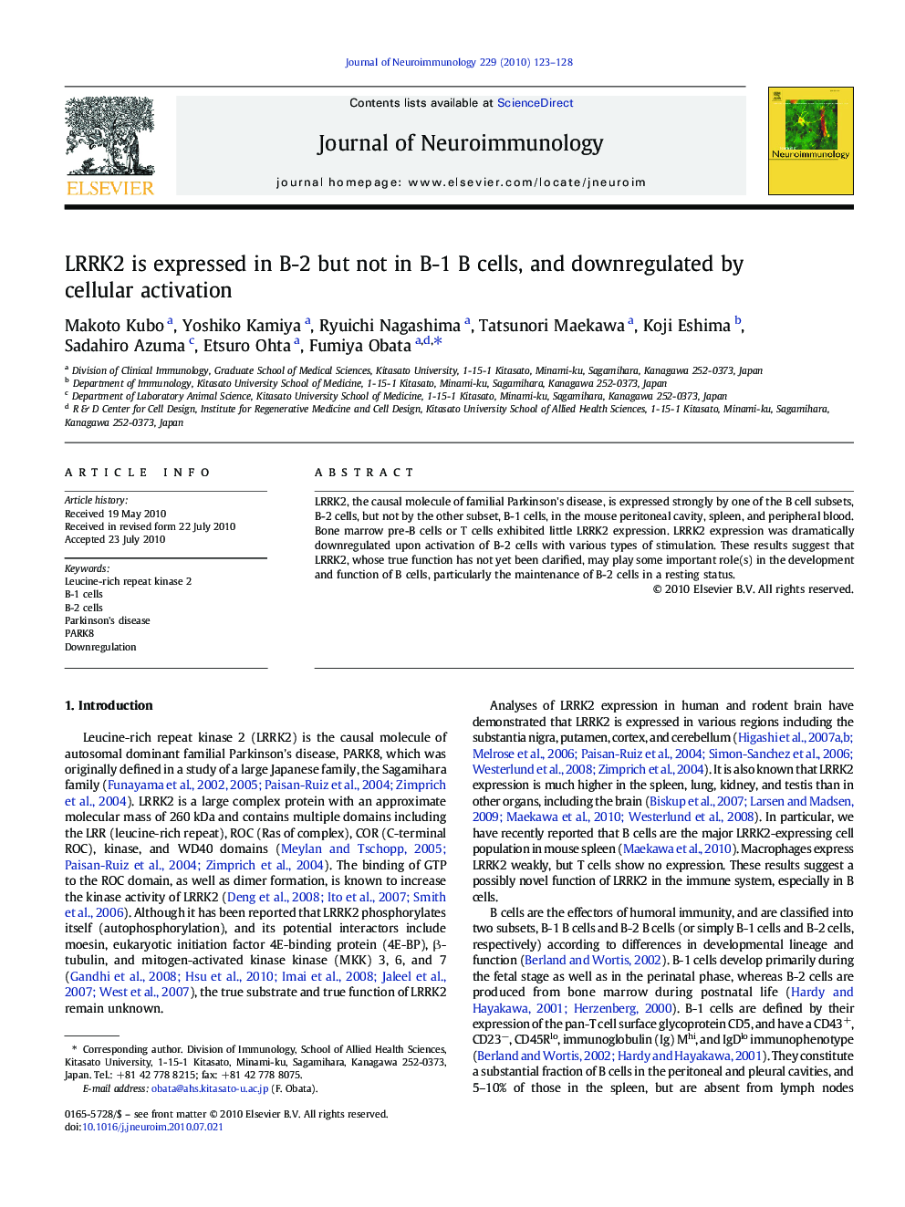 LRRK2 is expressed in B-2 but not in B-1 B cells, and downregulated by cellular activation