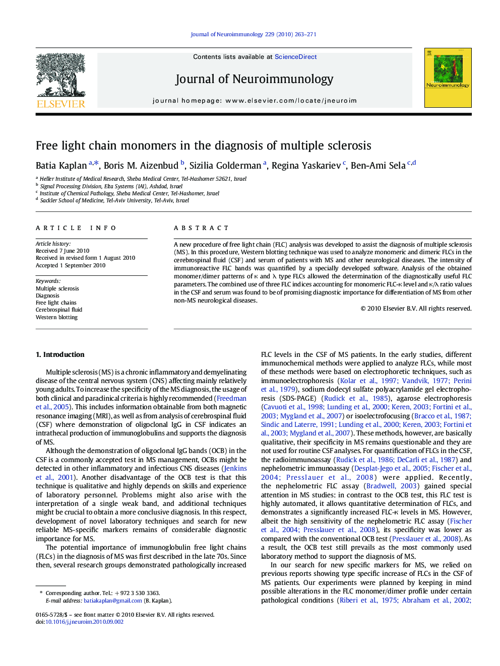 Free light chain monomers in the diagnosis of multiple sclerosis