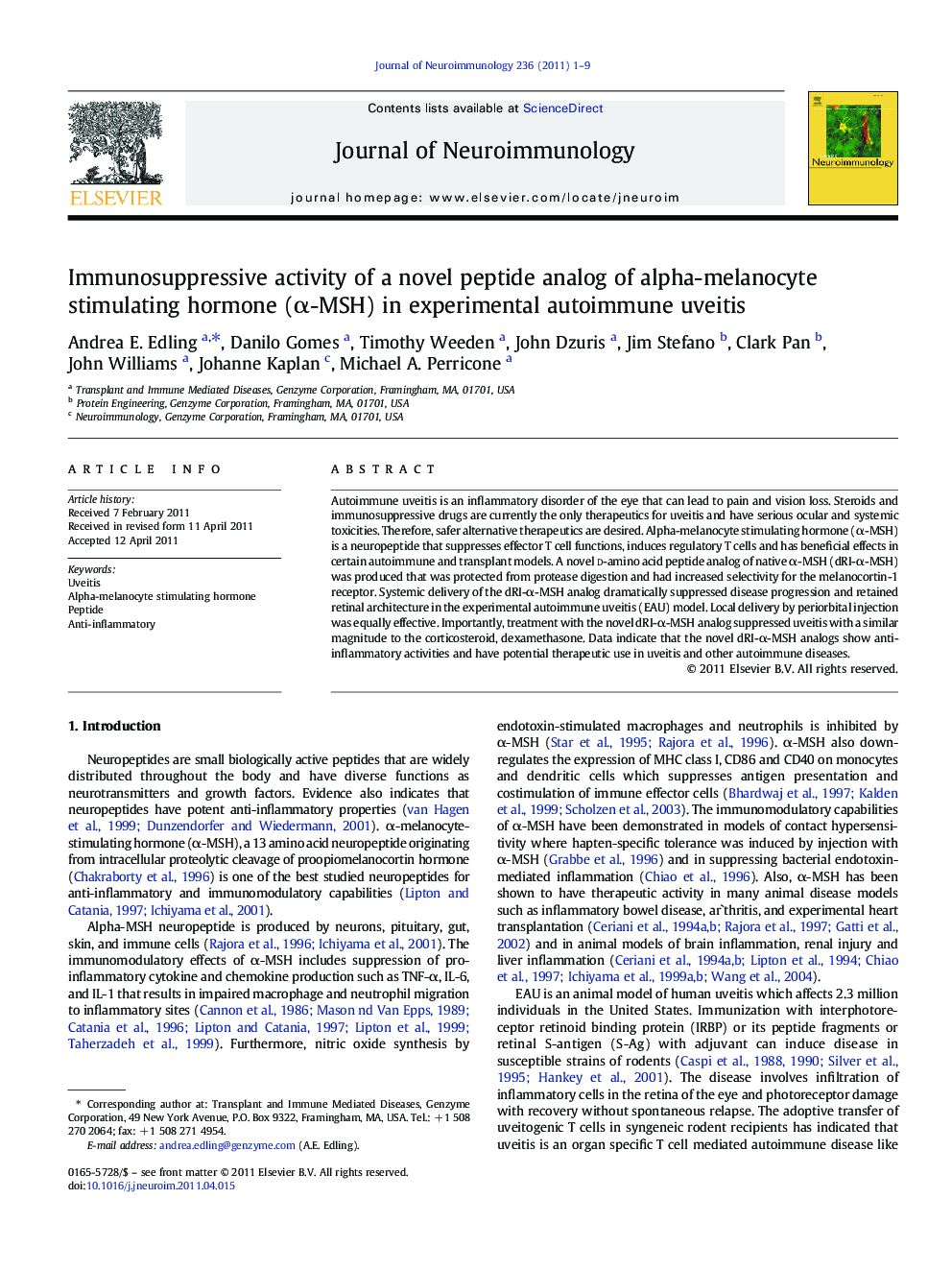 Immunosuppressive activity of a novel peptide analog of alpha-melanocyte stimulating hormone (α-MSH) in experimental autoimmune uveitis