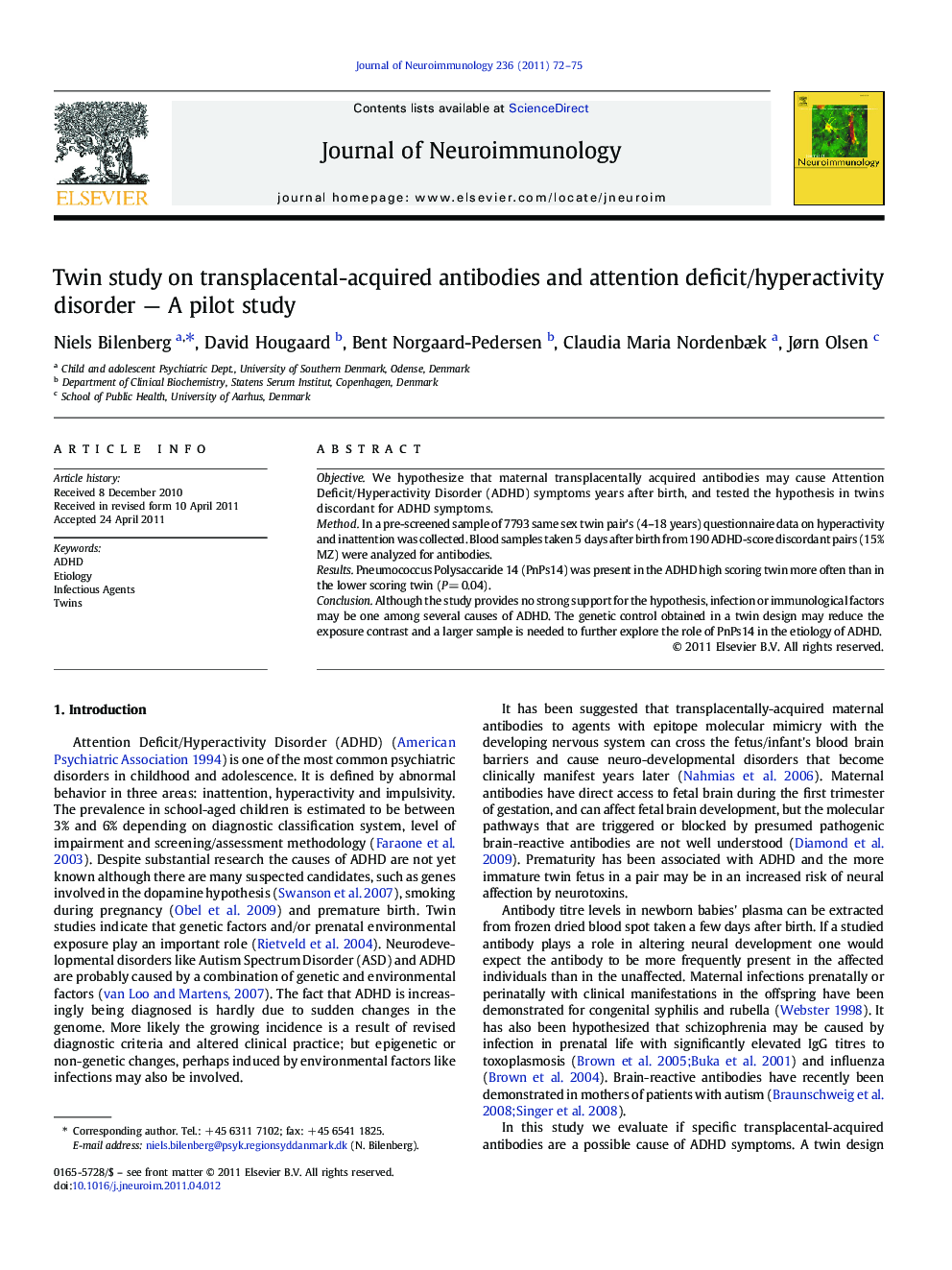 Twin study on transplacental-acquired antibodies and attention deficit/hyperactivity disorder — A pilot study