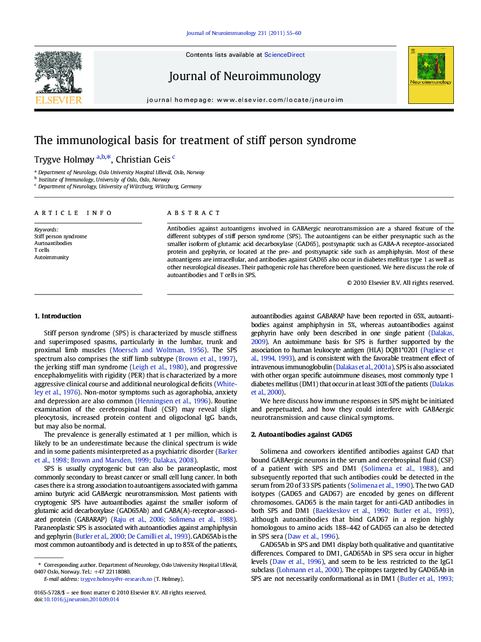 The immunological basis for treatment of stiff person syndrome