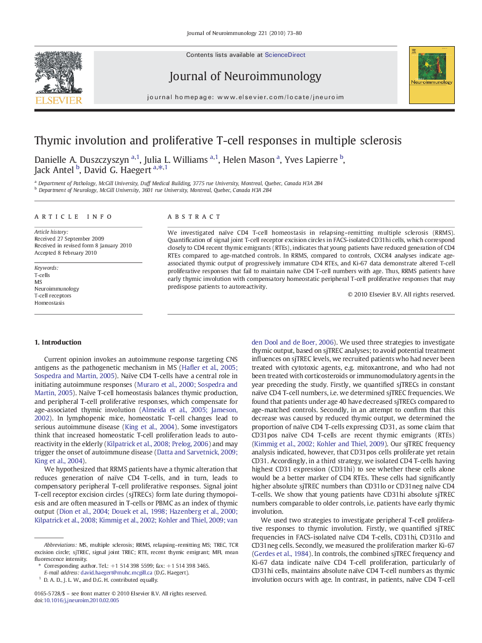 Thymic involution and proliferative T-cell responses in multiple sclerosis