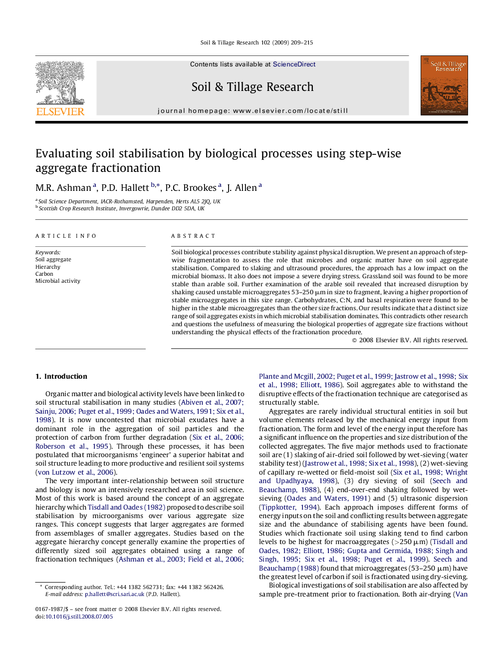 Evaluating soil stabilisation by biological processes using step-wise aggregate fractionation