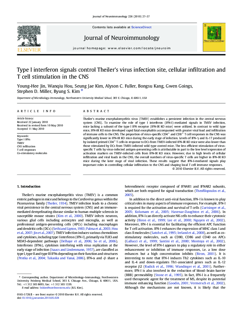 عکس صفحه اول مقاله: Type I interferon signals control Theiler's virus infection site, cellular infiltration and T cell stimulation in the CNS Type I interferon signals control Theiler's virus infection site, cellular infiltration and T cell stimulation in the CNS