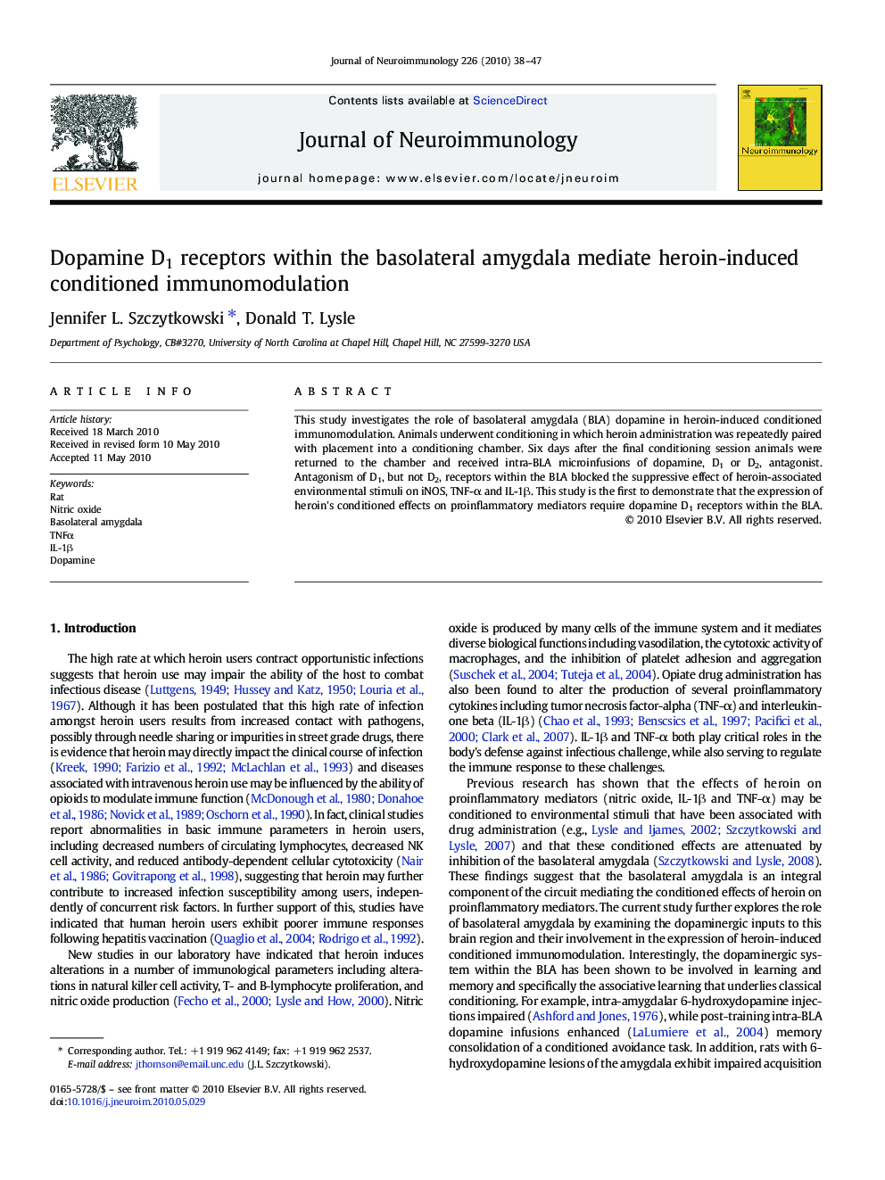 Dopamine D1 receptors within the basolateral amygdala mediate heroin-induced conditioned immunomodulation