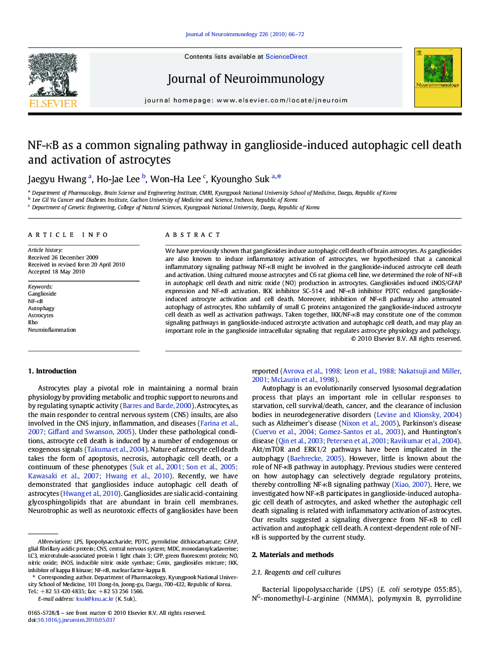 NF-κB as a common signaling pathway in ganglioside-induced autophagic cell death and activation of astrocytes