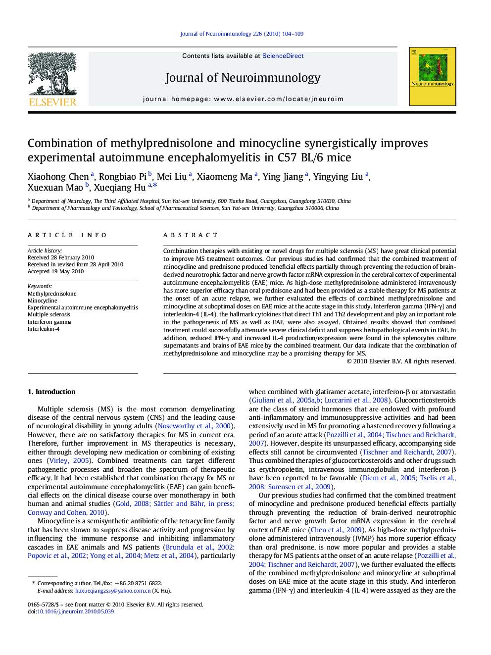 Combination of methylprednisolone and minocycline synergistically improves experimental autoimmune encephalomyelitis in C57 BL/6 mice