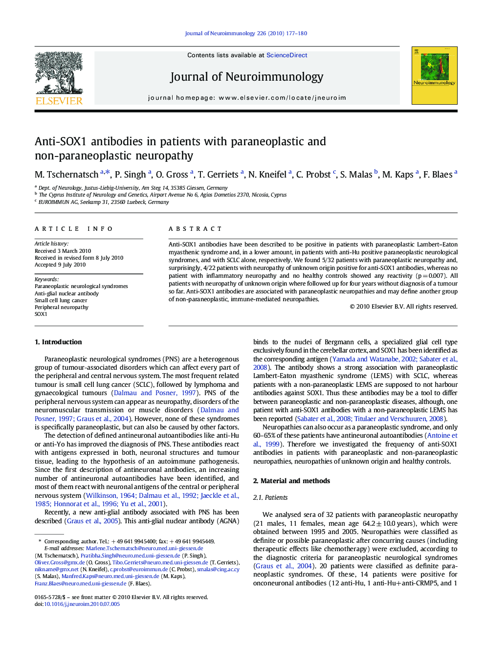 Anti-SOX1 antibodies in patients with paraneoplastic and non-paraneoplastic neuropathy